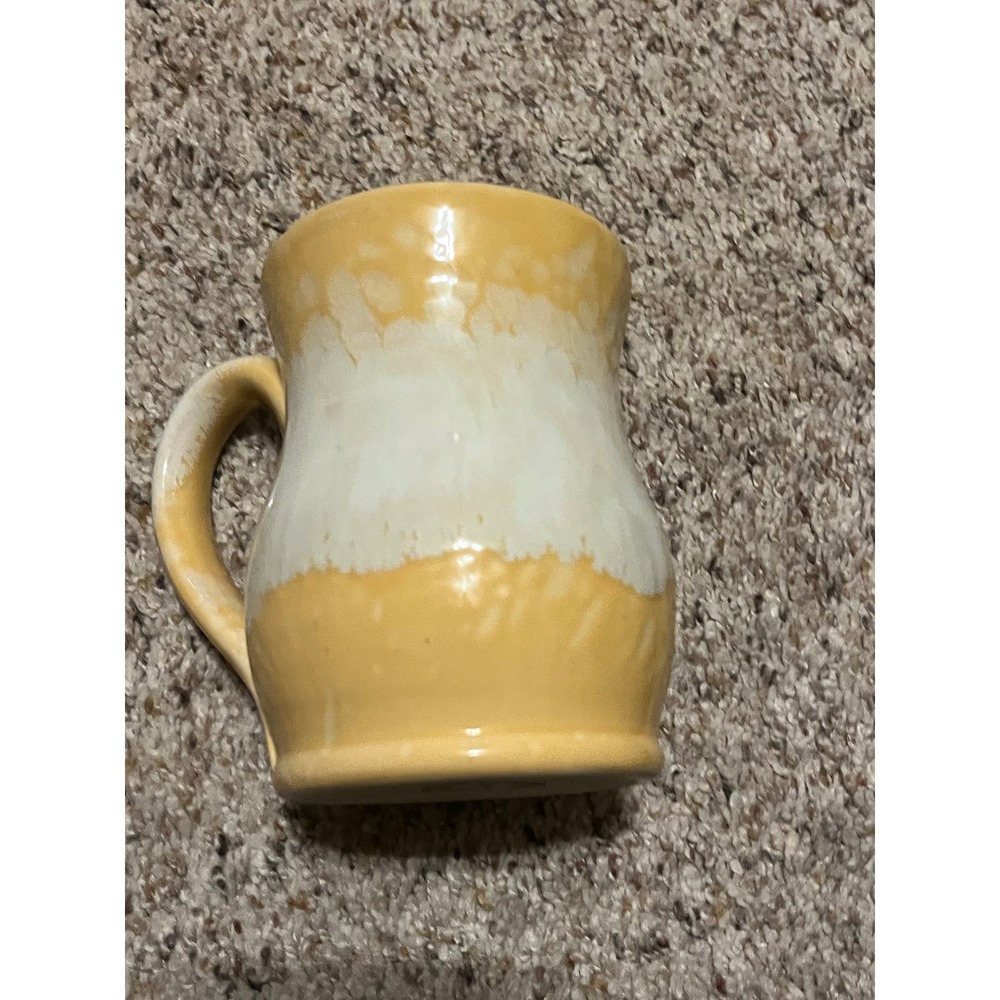 J Beaumont Pottery Cup / Mug Yellow White Signed Applied Handled Thrown 2015